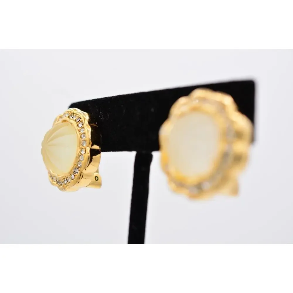 Christian Dior Vintage Clip On Earrings Frosted Glass Crystal Gold Signed BinAB